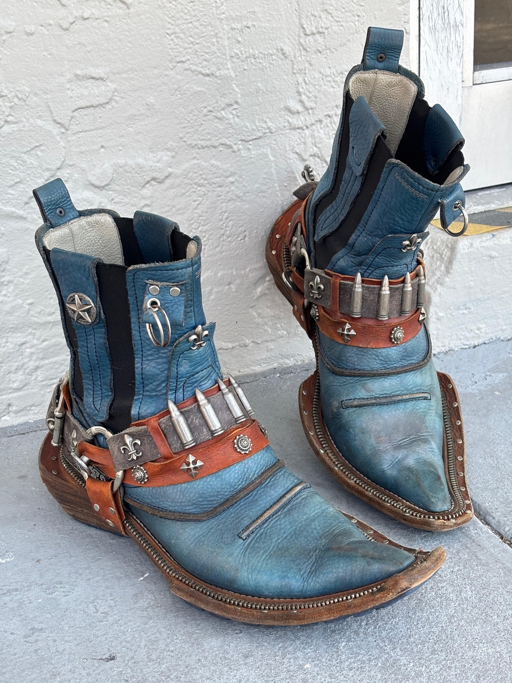 Men's Blue Distressed Leather Western Boots with Decorative Harness
